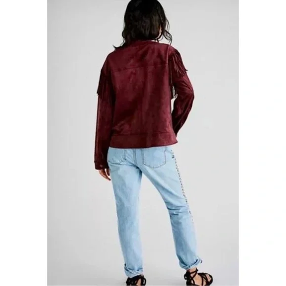 Free People Cosmic Karma Jacket Vegan Suede Fringed Button Coat Wine Plum XL - Picture 3 of 11
